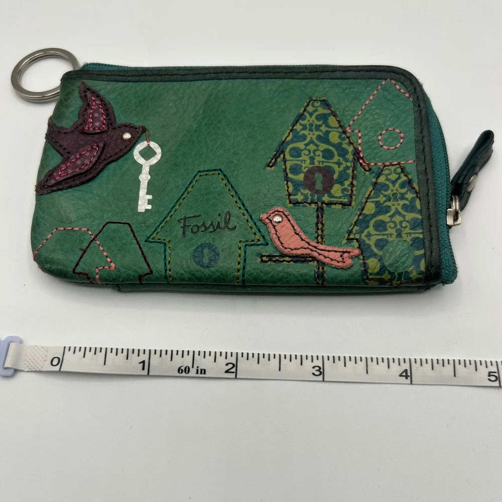 Fossil Green Leather Bird Birdhouse Applique Coin Pouch ID Case Key Ring Wallet